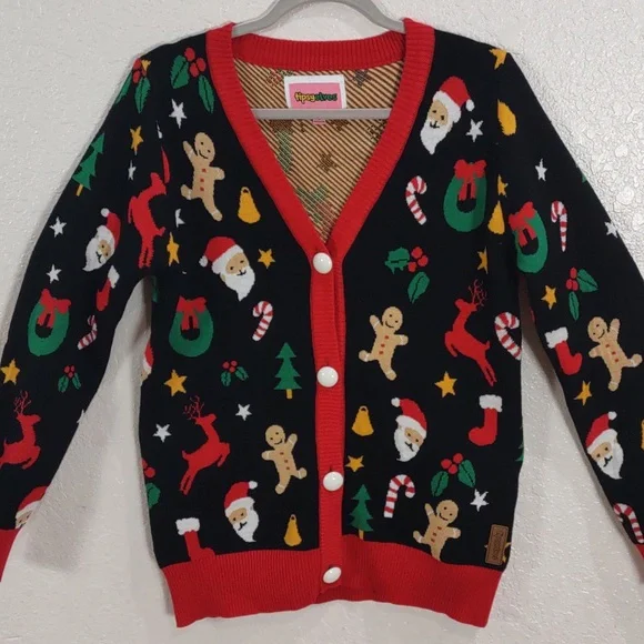 Tipsy Elves Black Cardigan with Red Trim and Festive Motifs - Picture 3 of 17